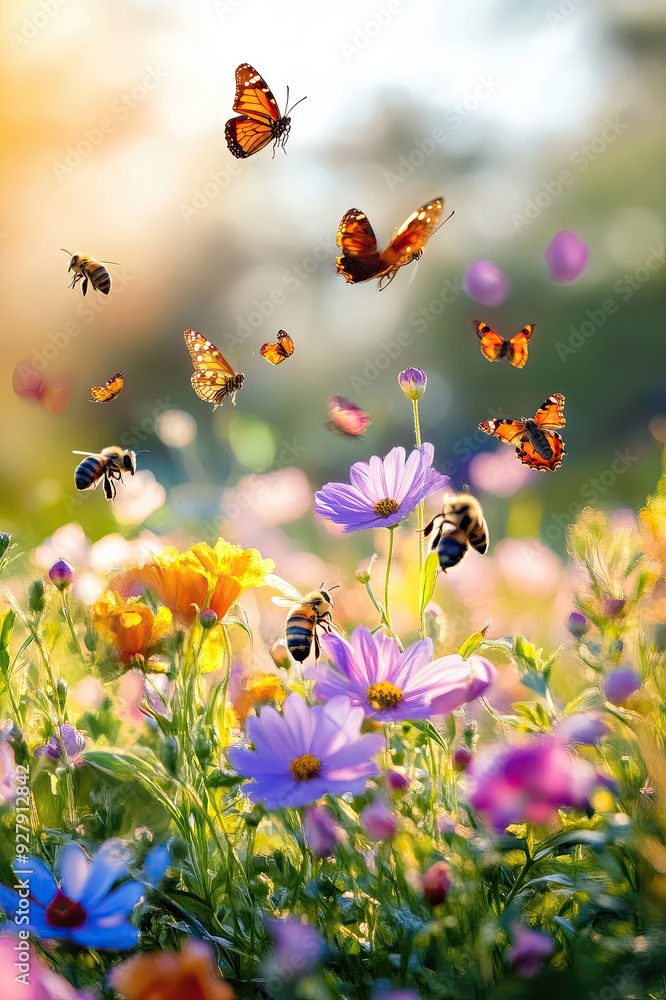 Colorful butterflies and bees pollinate blooming flowers in a sunlit meadow Colorful butterflies and bees pollinate blooming flowers in a sunlit meadow