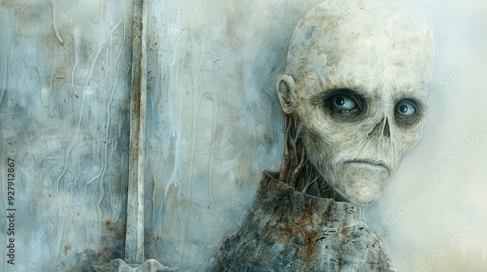A skeleton knight with a ghost sword, his empty eyes glow with an evil light, haunts the dark scene, a scary Halloween monster. A skeleton knight with a ghost sword, his empty eyes glow with an evil light, haunts the dark scene, a scary Halloween monster.