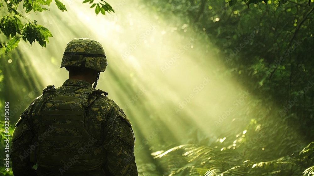 Fototapeta premium Serene Soldier in Camouflage: A Captivating Poster for Sports Interiors, Showcasing Focus and Nature's Beauty with Sunlight Filtering Through Lush Green Forest Trees