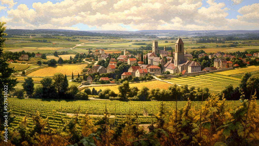 Naklejka premium Town - landscape, village, countryside, nature, fields, town, rural, agriculture, horizon, buildings, small town, aerial view, farmland, scenic, panoramic