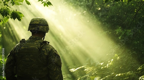 Serene Soldier in Camouflage: A Captivating Poster for Sports Interiors, Showcasing Focus and Nature's Beauty with Sunlight Filtering Through Lush Green Forest Trees