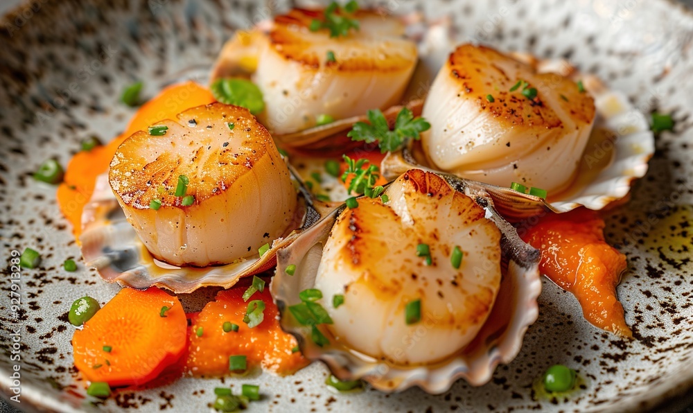 Fresh scallop seafood with cream sauce on plate makes it even beautiful and delicious Generate AI Fresh scallop seafood with cream sauce on plate makes it even beautiful and delicious Generate AI