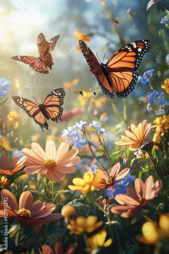 Monarch butterflies flying among vibrant wildflowers in a sunlit garden