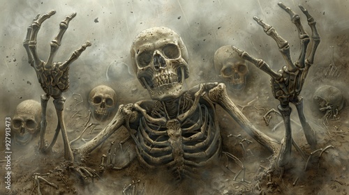 A grisly necromancer commands the skeletal army to rise, the devastated battlefield littered with skulls and shrouded in a deathly mist.