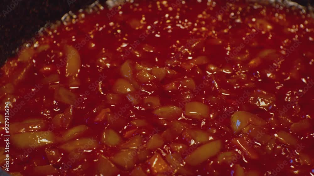 Cooking a vegetarian dish. Sweet green peppers are fried in tomato sauce in a frying pan. Close-up. Top view Cooking a vegetarian dish. Sweet green peppers are fried in tomato sauce in a frying pan. Close-up. Top view