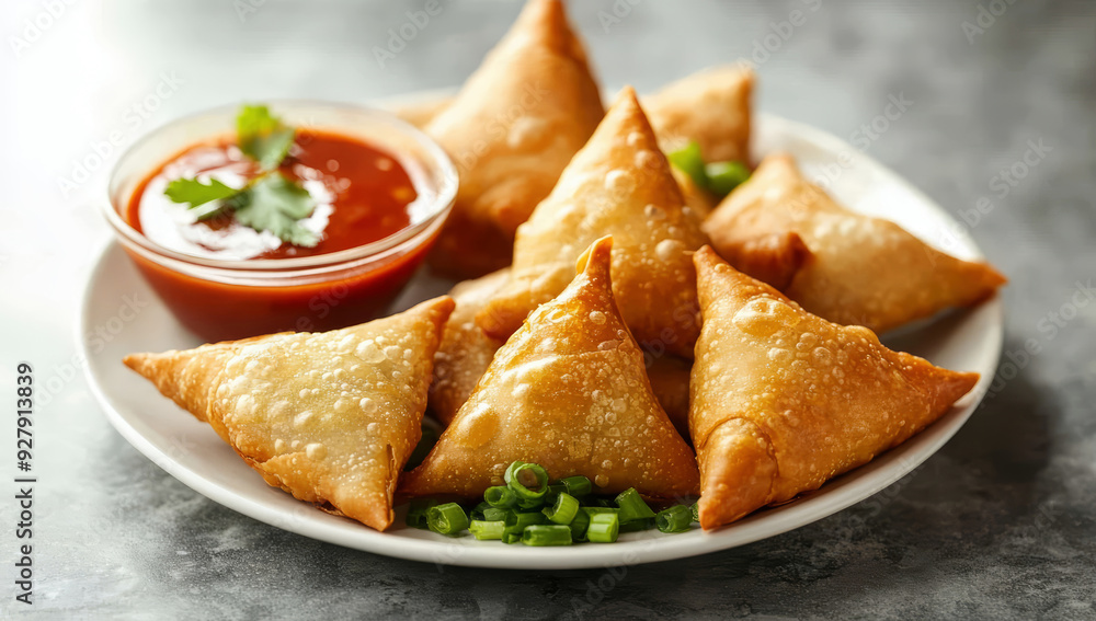 Samsa or samosas with meat and vegetables, dipping sauce and green onions. Traditional Indian food Samsa or samosas with meat and vegetables, dipping sauce and green onions. Traditional Indian food