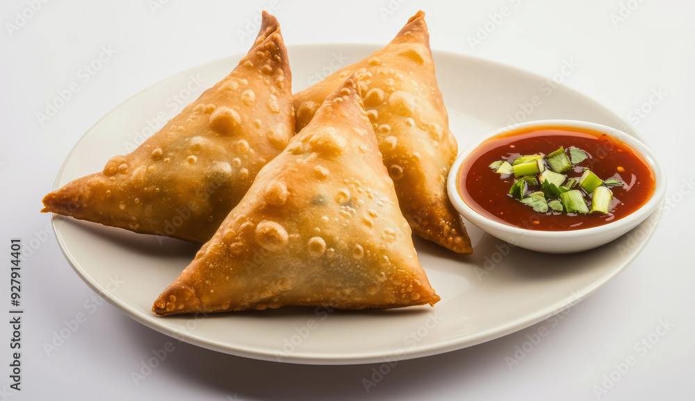 Samsa or samosas with meat and vegetables, dipping sauce and green onions. Traditional Indian food Samsa or samosas with meat and vegetables, dipping sauce and green onions. Traditional Indian food