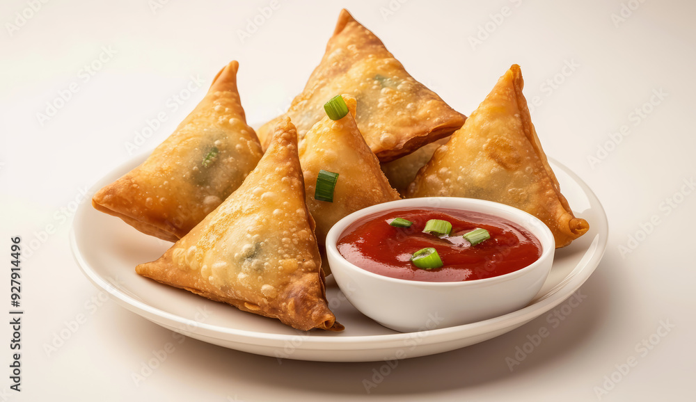 Samsa or samosas with meat and vegetables, dipping sauce and green onions. Traditional Indian food Samsa or samosas with meat and vegetables, dipping sauce and green onions. Traditional Indian food