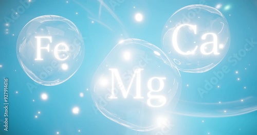 symbols of calcium, magnesium and iron in spheres, minerals ca, mg, fe, food supplements or mineral complex, 3d rendering on a blue background photo