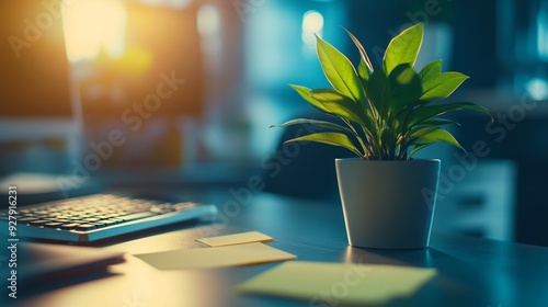 Wallpaper Mural Minimalist Office Desk with Green Plant and Sunlight Torontodigital.ca