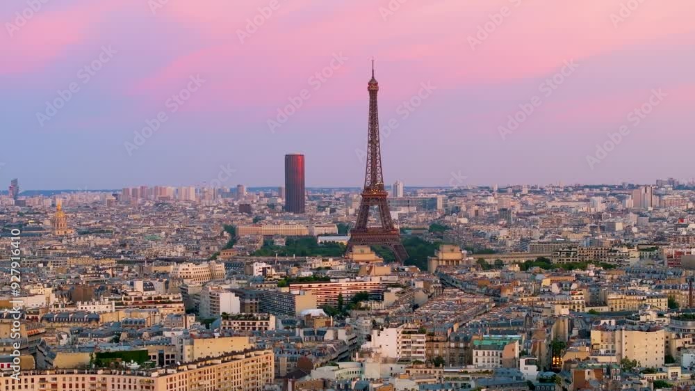 Eiffel Tower at Sunset Drone Video in Paris France Cityscape (Aerial 4k Skyline) Pull Back Eiffel Tower at Sunset Drone Video in Paris France Cityscape (Aerial 4k Skyline) Pull Back
