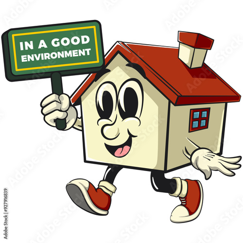 house cartoon character mascot retro vector design carrying a sign saying in good environment, work of hand drawn