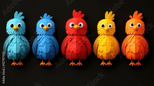 Colorful Paper Birds in a Row Against Black Background