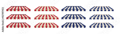 Set of striped awning for cafe. Striped shop canopy. Store or cafe sunshade awning.