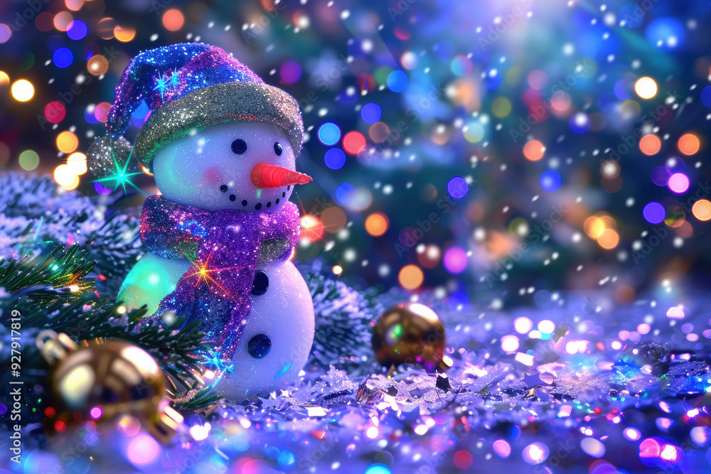 Fototapeta premium Snowman Surrounded by Snowflakes