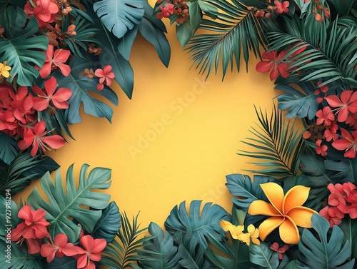 Vibrant floral frame with red and yellow flowers on a yellow background