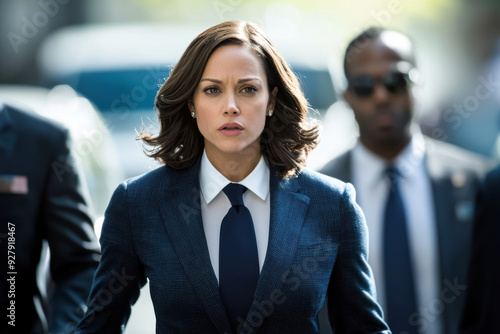 A determined woman with light brown skin, likely in her 30s, dressed in a suit and tie, walking with authority alongside security personnel, showcasing leadership during election protection.