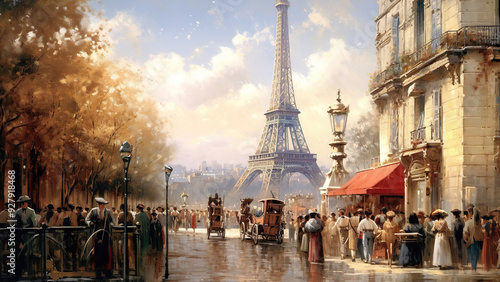 Eiffel Tower - Paris, Eiffel Tower, street scene, vintage, historical, autumn, cityscape, architecture, France, building, sidewalk, people, cafe, trees