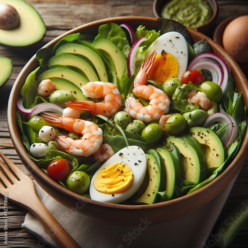 A vibrant and healthy salad featuring plump shrimp, creamy avocado slices, perfectly boiled eggs, and a medley of fresh greens, beautifully arranged in a wooden bowl. The dish exudes freshness and fla photo