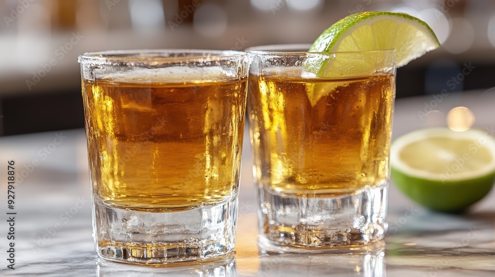 Two Glasses of Golden Liquor with Lime Wedge Two Glasses of Golden Liquor with Lime Wedge