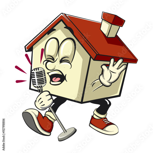 house cartoon character mascot retro vector design sing earnestly with maximum style, work of hand drawn
