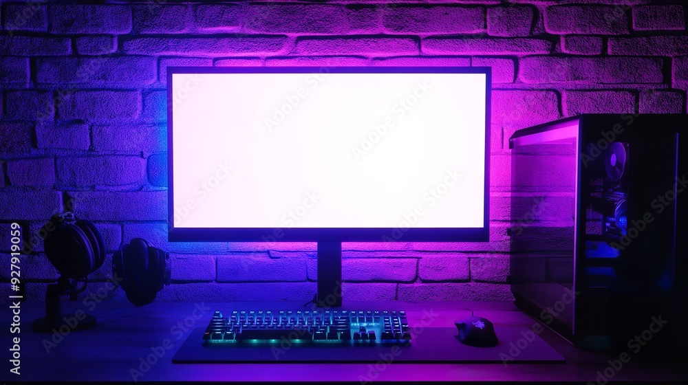 Game Room Computer Desktop with Blue Purple Lights on Bright Game Room Computer Desktop with Blue Purple Lights on Bright