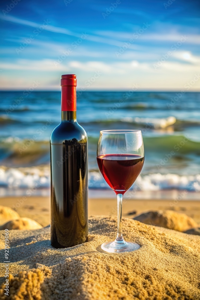 Bunch of grapes and glasses of red wine placed on blanket near basket with bottle on blurred background of sea and beach Bunch of grapes and glasses of red wine placed on blanket near basket with bottle on blurred background of sea and beach