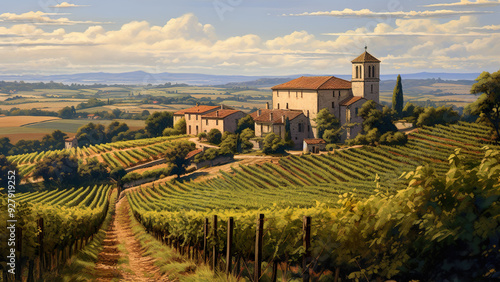 Gascony Region - vineyard, landscape, countryside, nature, rural, Italy, fields, hills, sky, clouds, buildings, church, village, greenery, trees, scenic, road, agriculture