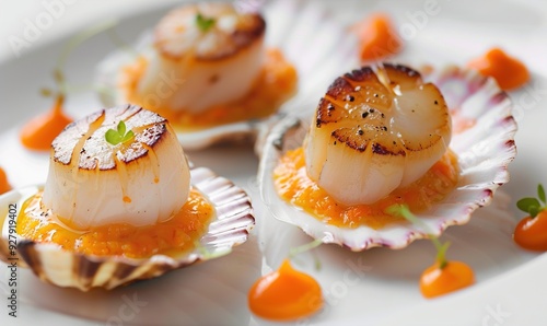 Fresh scallop seafood with cream sauce on plate makes it even beautiful and delicious Generate AI