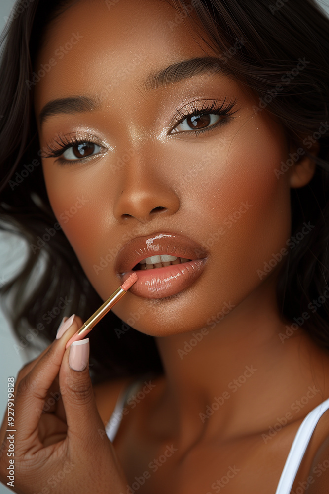 Stunning portrait of an African American woman apply gloss to lips with a brush Stunning portrait of an African American woman apply gloss to lips with a brush