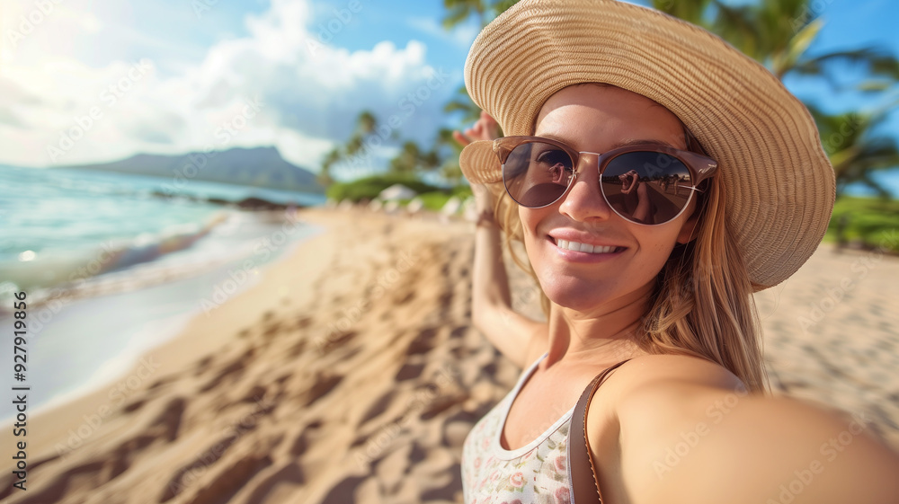A young woman of tourist walking on the beach with orange sand and palms. A young woman of tourist walking on the beach with orange sand and palms.