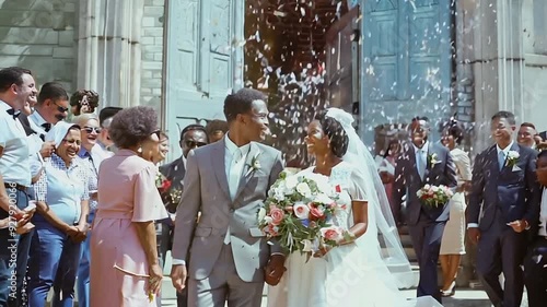 Newly wed couple coming out of church in 1960s 
