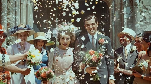 Newly wed couple coming out of church in 1960s 