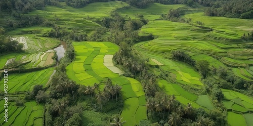 aerial view of lush green terraced rice fields 