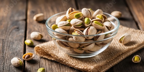 bowl of pistachios on rustic wooden table 