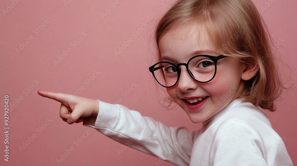Joyful happy child wearing glasses, pointing forward, on pink background. Joyful happy child wearing glasses, pointing forward, on pink background.
