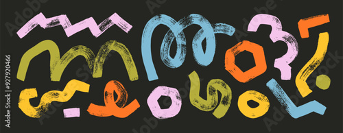 Modern geometric thick squiggly lines with loops, zigzag brush strokes, arches. Vector colorful collection of bold geometric funky shapes.