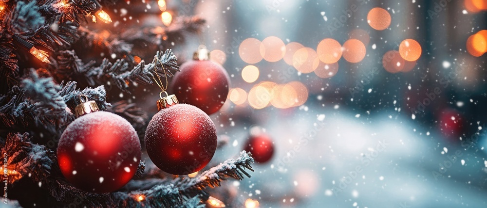 Red Christmas Ornaments on Snowy Pine Branch with Blurred Lights Red Christmas Ornaments on Snowy Pine Branch with Blurred Lights