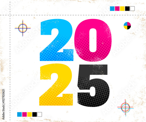 Vector vintage poster with 2025 in CMYK style. Retro poster for new year 2025