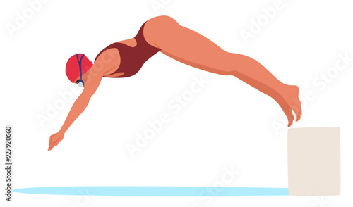Female Swimmer In Swimsuit Diving Into The Pool. Cartoon Swimmer Wears Swim Cap And Goggles, Showing Competitive Spirit