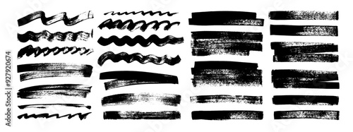 Hand drawn grunge straight and wavy brush strokes collection. Thick texture lines and bold brush strokes.