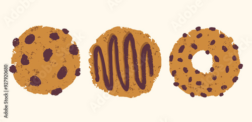 Vector set illustrations of chocolate cookies and donut in vintage style. American cookie.