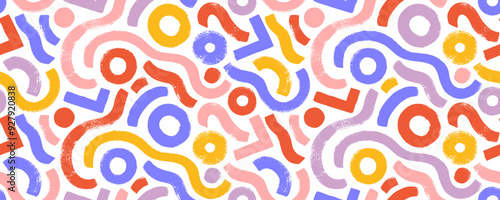 Playful childish colorful background with squiggles, circles, curved thick lines. Abstract geometric seamless pattern with brush drawn organic lines. Trendy vector funky banner design in kid's style.