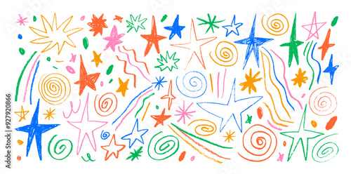 Collection of colored crayon drawn star shapes, comets, spirals and squiggles. Cosmic hand drawn childish icons.