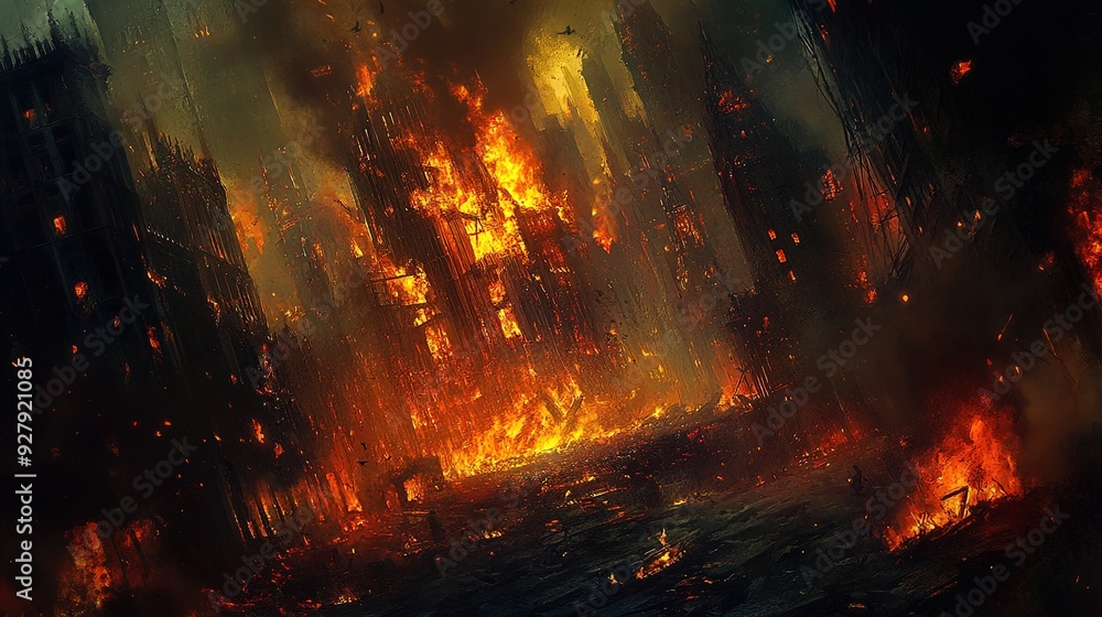 Haunting Urban Desolation: A Striking Poster of Flames and Smoke Engulfing a Ruined Cityscape – Perfect for Adding a Dramatic Touch to Your Sports Room Decor! Haunting Urban Desolation: A Striking Poster of Flames and Smoke Engulfing a Ruined Cityscape – Perfect for Adding a Dramatic Touch to Your Sports Room Decor!