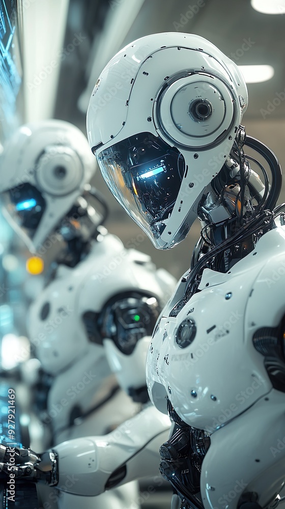 Fototapeta premium Cutting-edge factory with humanoid robots working in a lab environment picture