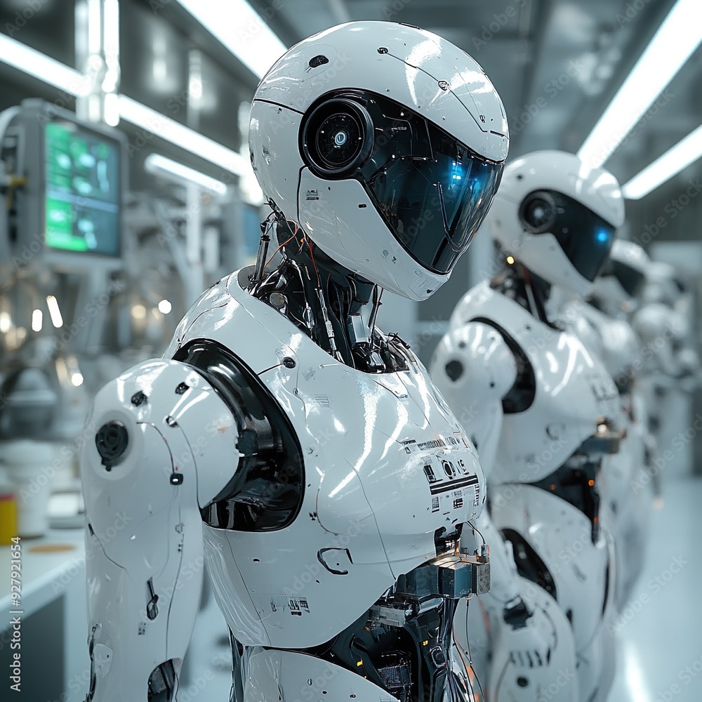 Fototapeta premium High-tech lab with humanoid robots operating advanced machinery picture