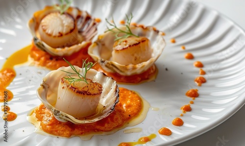 Fresh scallop seafood with cream sauce on plate makes it even beautiful and delicious Generate AI