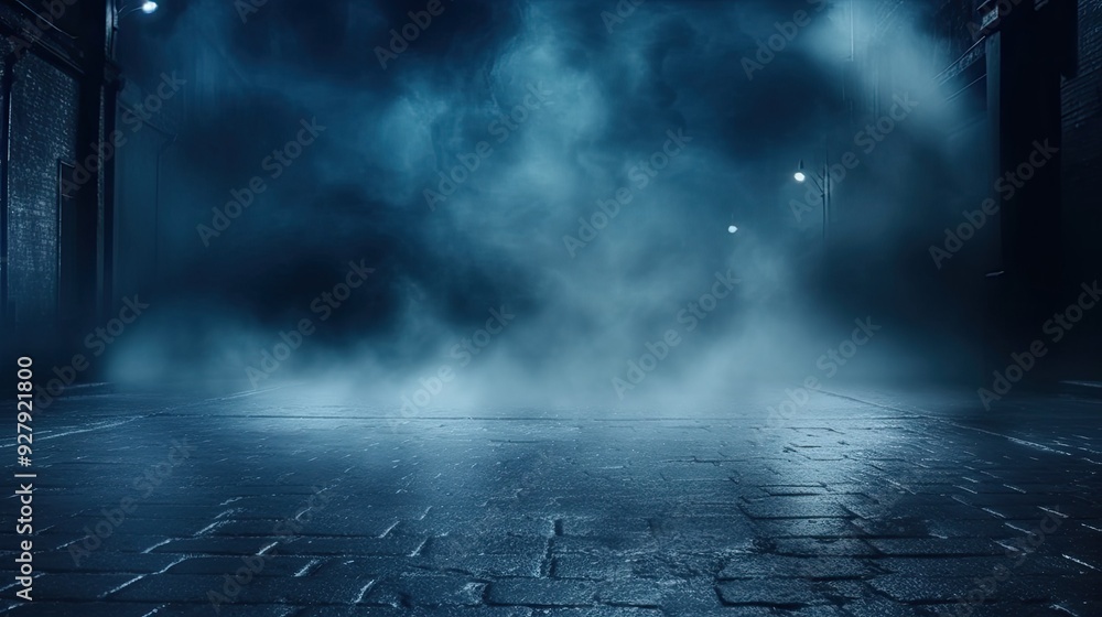 Fototapeta premium Foggy Night Street with Cobblestone and Street Lights