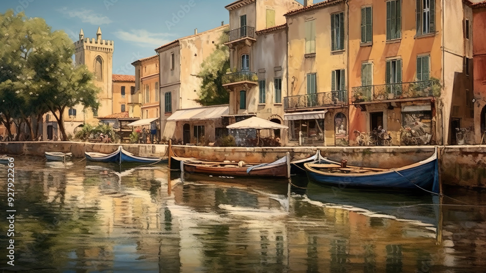 Naklejka premium Narbonne - town, canal, boats, water, buildings, architecture, reflection, italy, europe, trees, sky, cityscape, outdoors, vintage, travel, tourism, scenic, urban